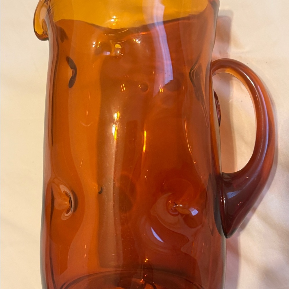 Vintage Amber Hand-Blown Glass Pitcher with Applied Dots & Handle